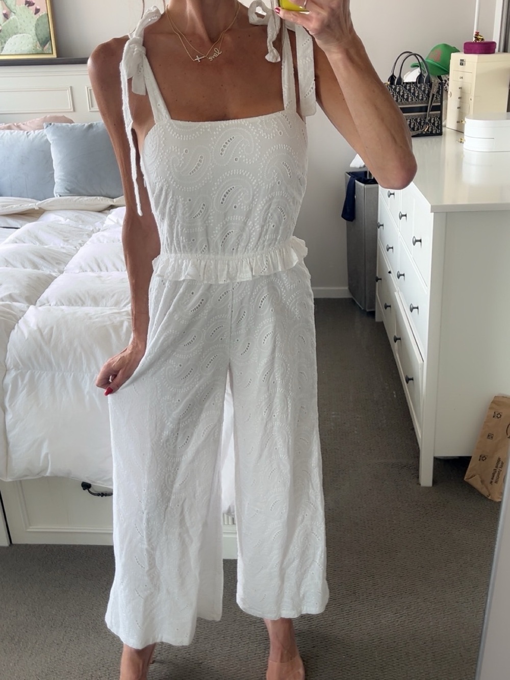 Misa Los Angeles White Eyelet Tie-Shoulder Jumpsuit